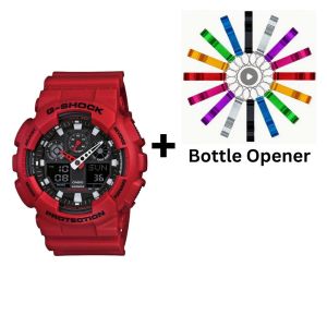 Casio G-Shock Analogue/Digital Mens XL Series Red Watch GA-100B-4A Bottle Opener Bundle GA-100B-4ADR+BO by 45 